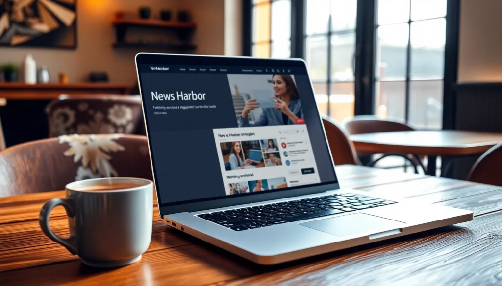 Engaging news browsing experience on https://newsharbor.com.ua with coffee in a cozy cafe.