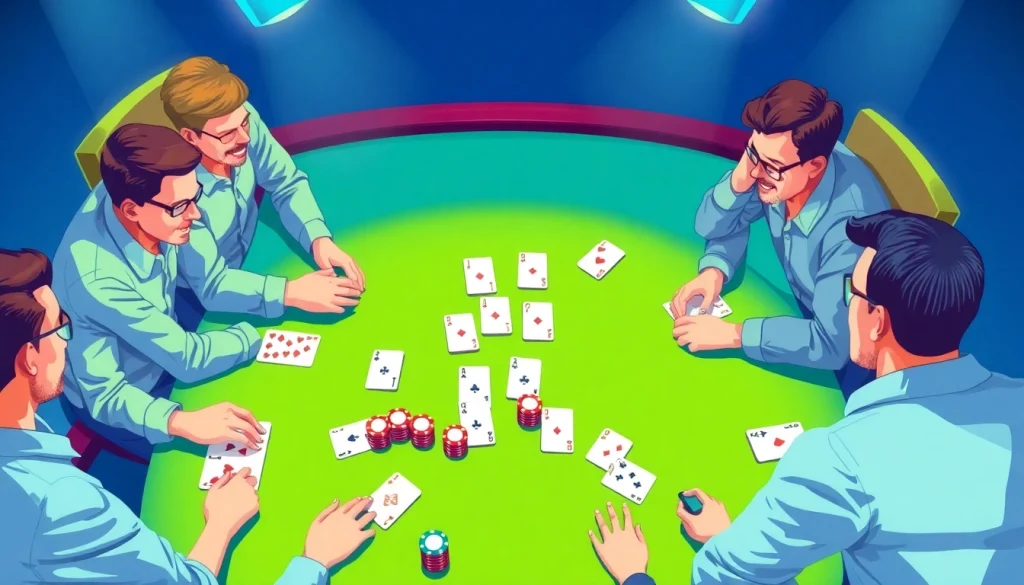 Engage in a thrilling Rummy nabob game among friends, showcasing colorful cards and chips in a lively atmosphere.