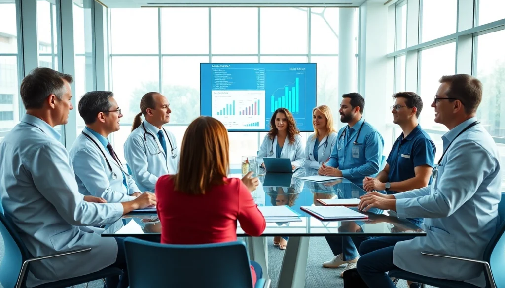 Healthcare professionals analyzing results from the ADAPTABLE Aspirin Study in a bright conference room.
