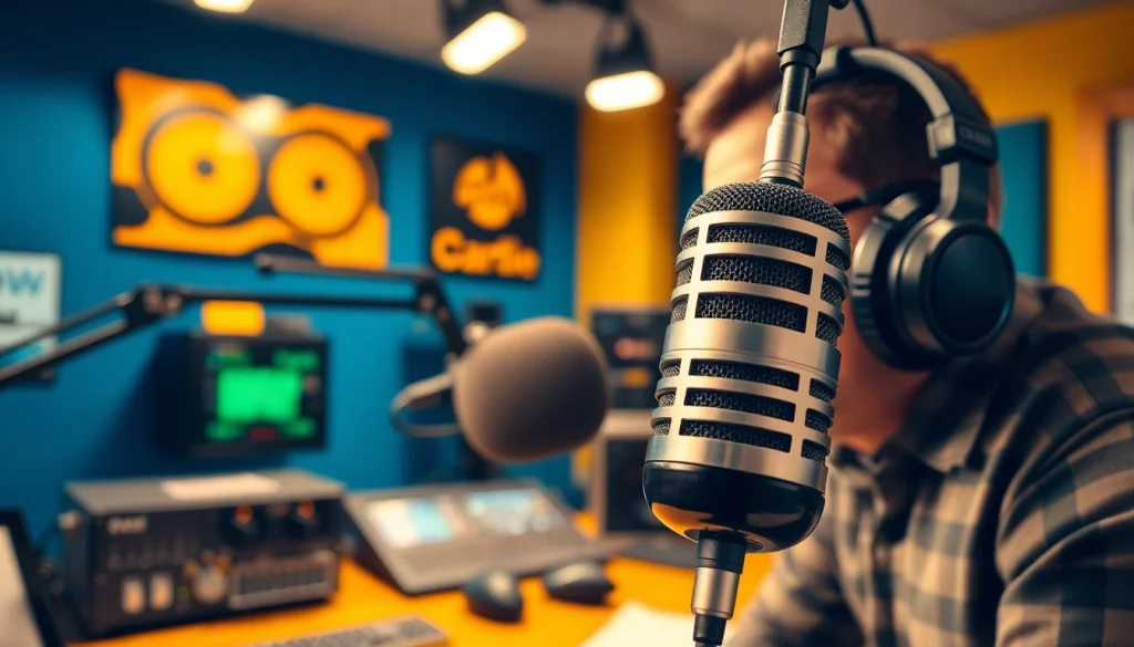 Capture the vibrant radio studio atmosphere of https://www.westcentralsbest.com with a focused sports announcer.