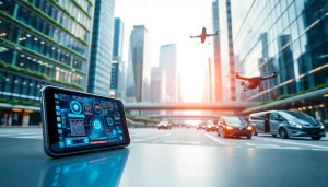 Showcasing Technology in a vibrant urban setting with advanced devices and smart architecture.