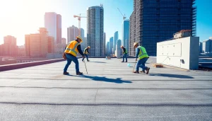 Showcasing commercial roofing services workers installing a new roof in an urban setting.