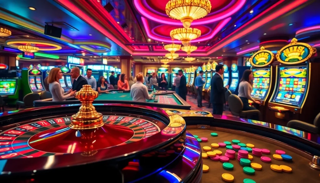 Hi88 players celebrating wins at a vibrant roulette table in an elegant casino.