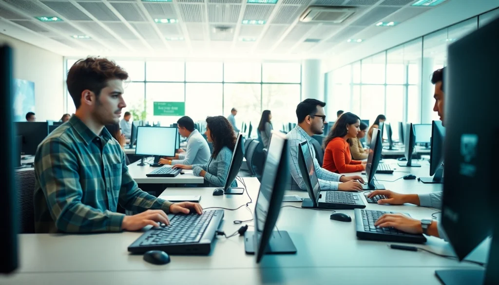 Enhance your efficiency at a modern typing center with professionals engaged in productive tasks.