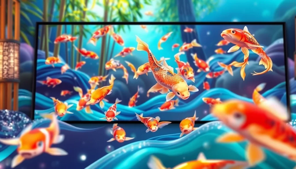 Koi800 game yang menarik dengan elemen ikan koi berwarna cerah dan latar digital yang menawan.