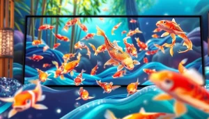 Koi800 game yang menarik dengan elemen ikan koi berwarna cerah dan latar digital yang menawan.