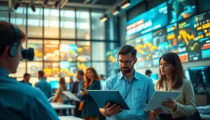 Reporters at thephoenixnewspaper collaborate in a vibrant modern newsroom, showcasing dynamic teamwork.