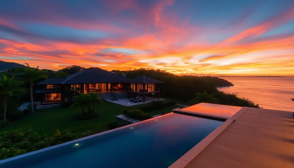 Villa management Phuket services showcasing a luxury villa by the sunset, ensuring premium property visibility.