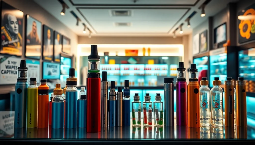 Vape shop with an organized display of colorful vape products and a modern atmosphere.