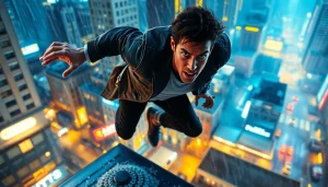 Action thriller scene with a heroic character pursuing a villain in a rain-soaked cityscape.