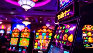 Menggambarkan pengalaman mendebarkan di mesin sayapbola slot dengan suasana kasino yang hidup.