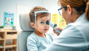 Assessing a child's vision during an eye exam, highlighting Our Children's Vision initiative.