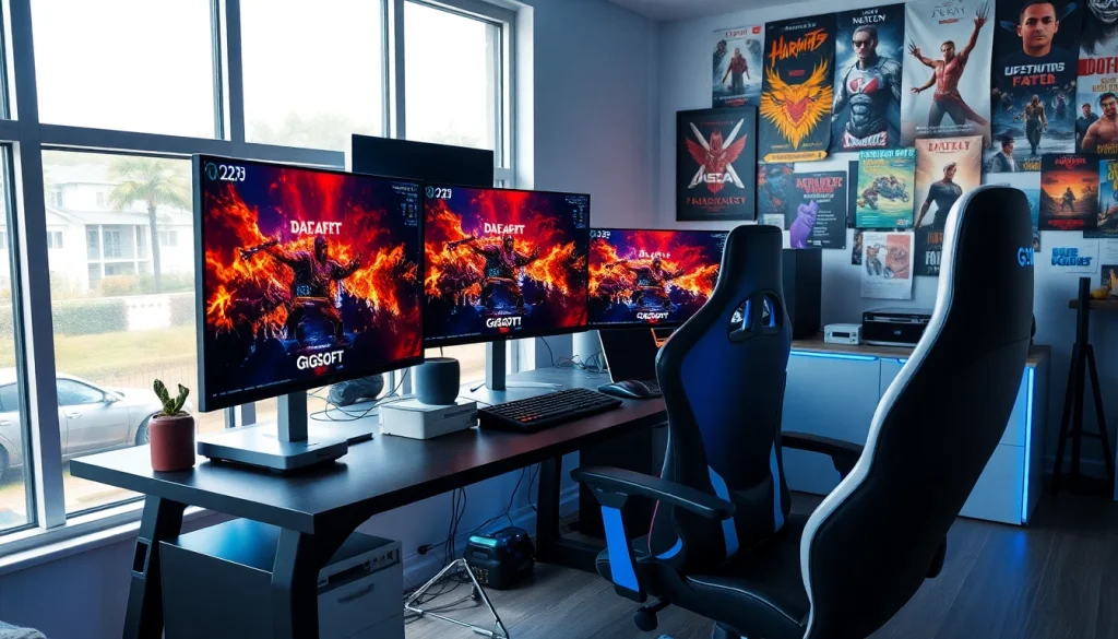 Gamer workspace displaying daftar ggsoft game on multiple screens, showcasing vibrant colors and dynamic setup.