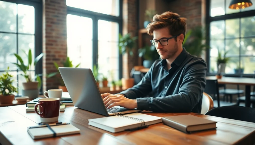 Engaged writer at work on suntimesnews.com in a vibrant café setting.