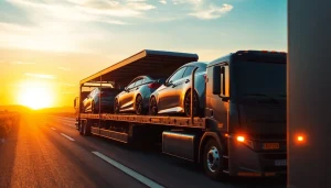 Auto transport truck delivering luxury vehicles along a scenic highway