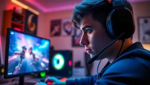 Gamer immersed in the action with a high-tech setup featuring RR88 gear.