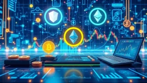 Cryptocurrency trading scene featuring Bitcoin, Ethereum logos, blockchain network, and DeFi interfaces.