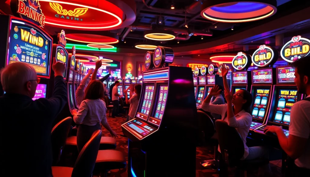 Putar slot machine yang menampilkan kemenangan besar di kasino yang ramai.