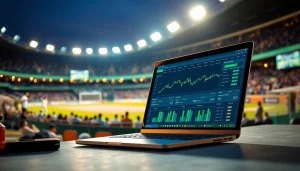 Engaging scene of sports betting in India with a laptop displaying analytics at a vibrant stadium.