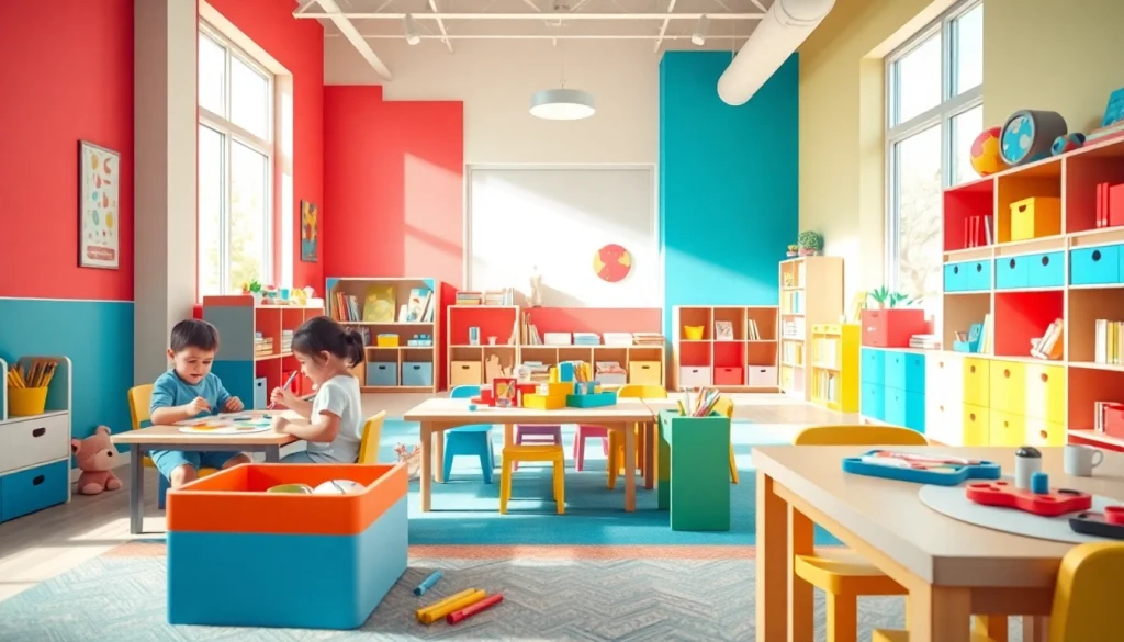 Children engaged in learning activities at https://juniorsjunction.com in a colorful classroom setting.