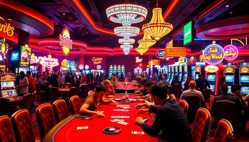คาสิโนที่มีผู้เล่นกำลังสนุกสนานขณะเดิมพันในเกมต่างๆ