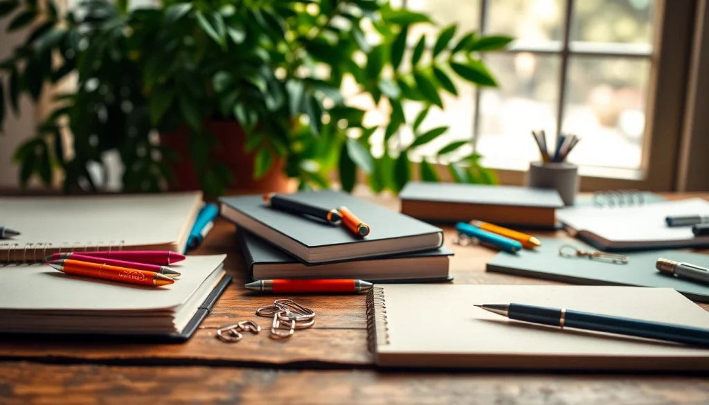 Explore vibrant and elegant stationery items on a wooden desk, inspiring creativity.