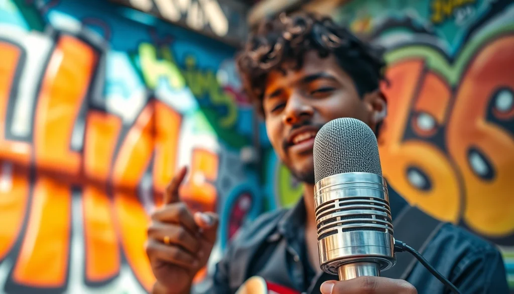 Capture the energy of music creation with the MV88 microphone in a vibrant urban scene featuring street art.