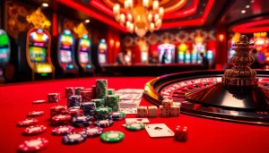 Winning hand at Hi88 red casino table illuminated with vibrant chips and cards.