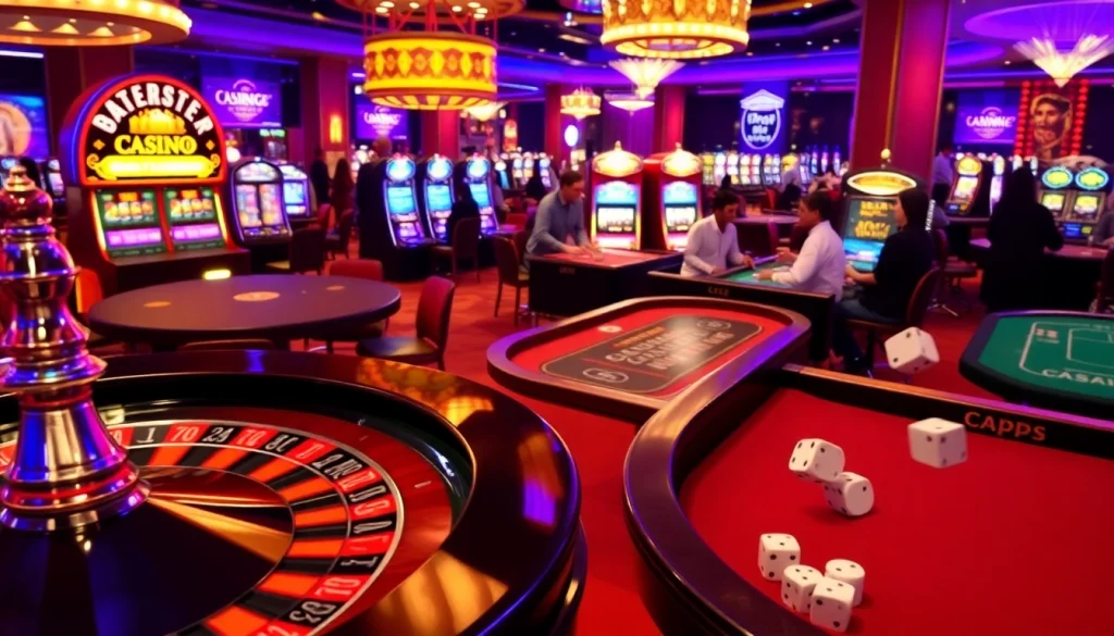 Exciting casino scene featuring KJC AC 1 with poker tables, last-minute bets, and vibrant slot machines.