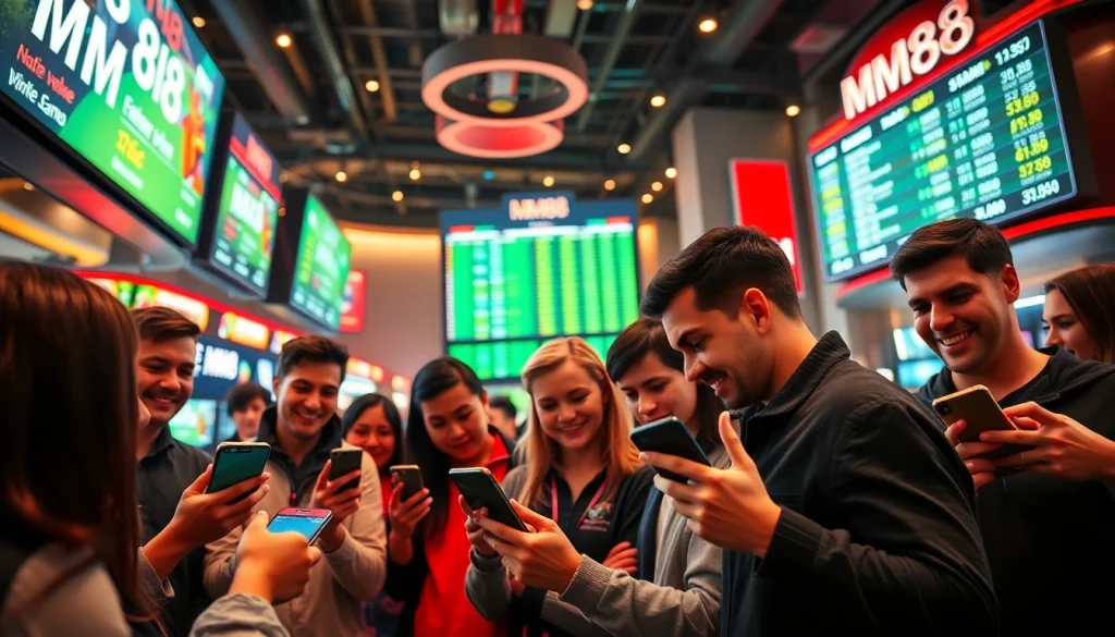 Engaged bettors using MM88 platform in a lively casino setting.