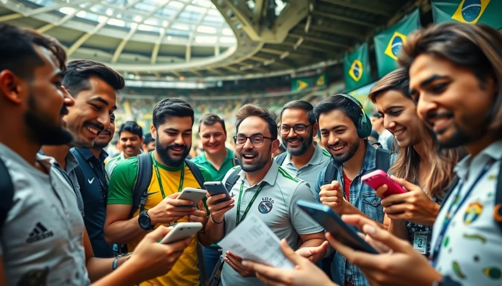 Engaging scene of sports betting in Brazil, showcasing enthusiastic bettors in a lively atmosphere.