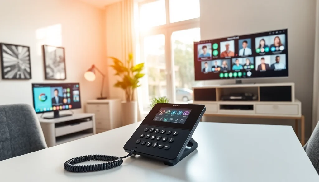 Engage with voip technology in a modern home office setup featuring a sleek VoIP phone.