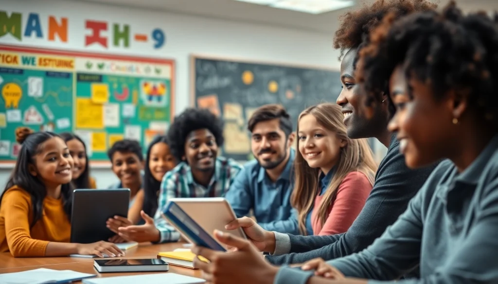 Students engaging in interactive Education activities in a bright classroom.