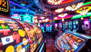 Menggambarkan sensasi bermain lipat4d slot dengan mesin slot modern dan suasana casino yang meriah.