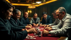 Permainan domino88 login poker game yang menegangkan dengan pemain berfokus di meja permainan.