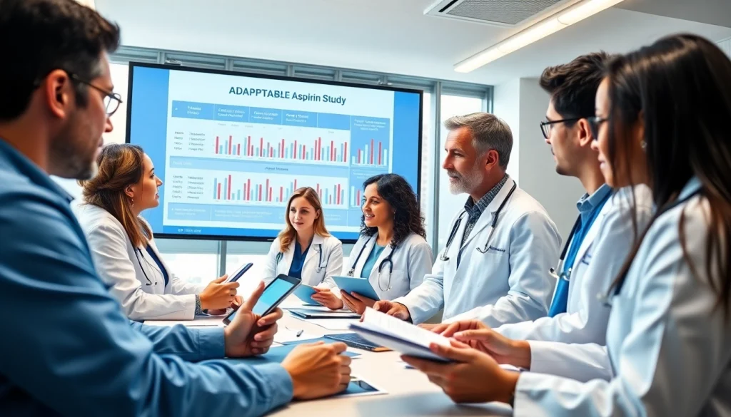 Researchers analyzing data from the ADAPTABLE Aspirin Study in a conference setting.