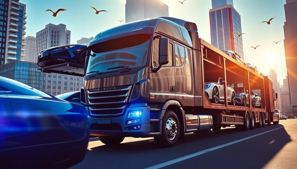 Showcasing a luxury carrier truck transporting premium vehicles at https://luxuryautocarriers.com in a vibrant city setting.