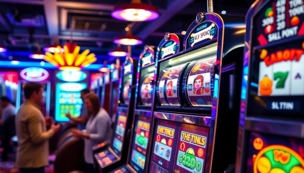 Menggali keseruan bermain slot gacor dengan mesin slot yang penuh warna dan pemain bahagia.