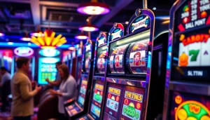 Menggali keseruan bermain slot gacor dengan mesin slot yang penuh warna dan pemain bahagia.