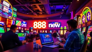 Engaging scene showcasing the 888new online gaming platform with players enjoying casino games, sports betting, and vibrant gaming interfaces.