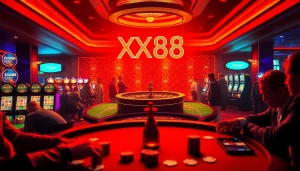 Experience the thrill of XX88 at the poker table with chips and cards in action.
