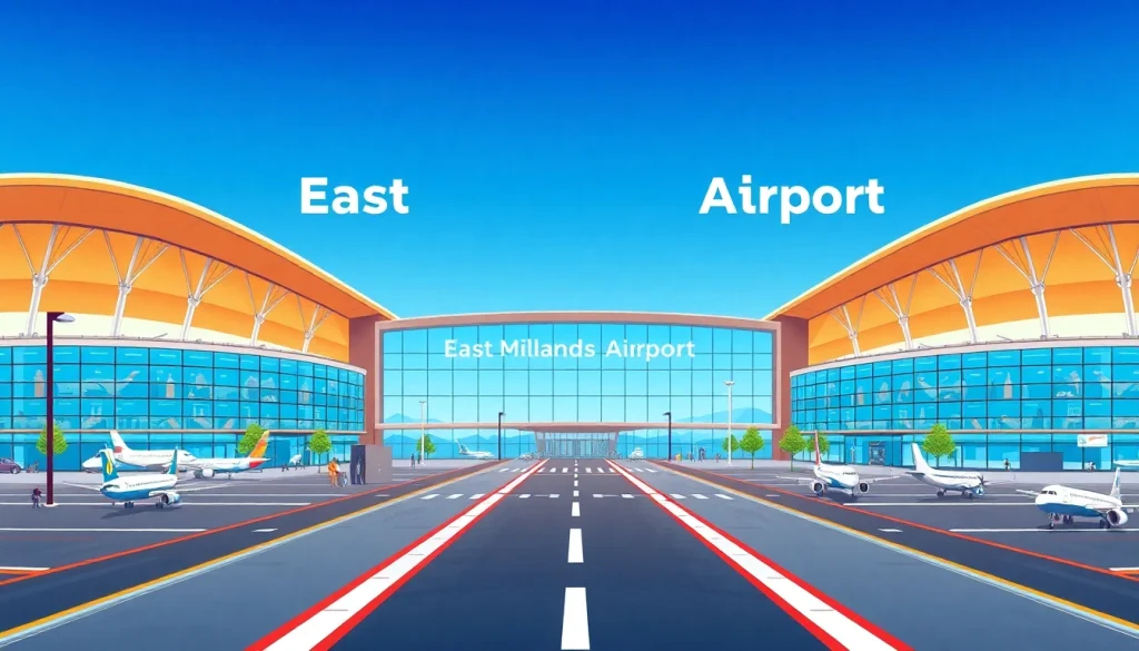 East Midlands Airport's terminal highlights modern architecture and busy activity, capturing the essence of air travel.