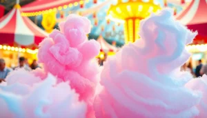 Wafel katoen vibrant cotton candy at a busy fair, colorful and cheerful.