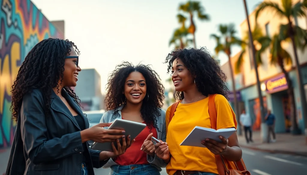 Two women discussing news stories in Los Angeles, representing 2UrbanGirls community engagement.