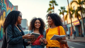 Two women discussing news stories in Los Angeles, representing 2UrbanGirls community engagement.