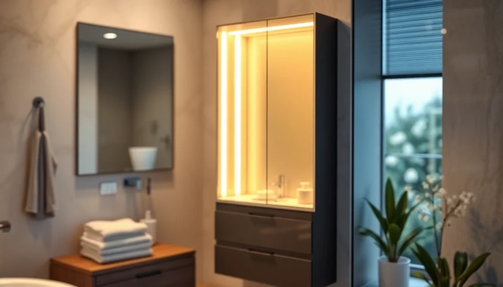 Spiegelschrank mit LED Beleuchtung in modernem Badezimmer mit eleganter Atmosphäre.