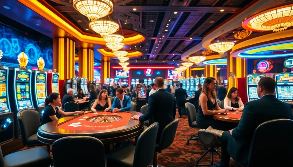 คาสิโนที่มีบรรยากาศคึกคักพร้อมโต๊ะเล่นและสล็อตแมชชีนหลากหลายรูปแบบ