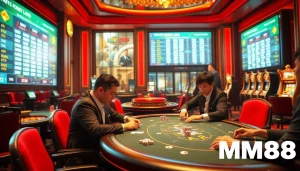 MM88 players strategizing at a poker table, surrounded by slots and a roulette wheel in a luxury casino.