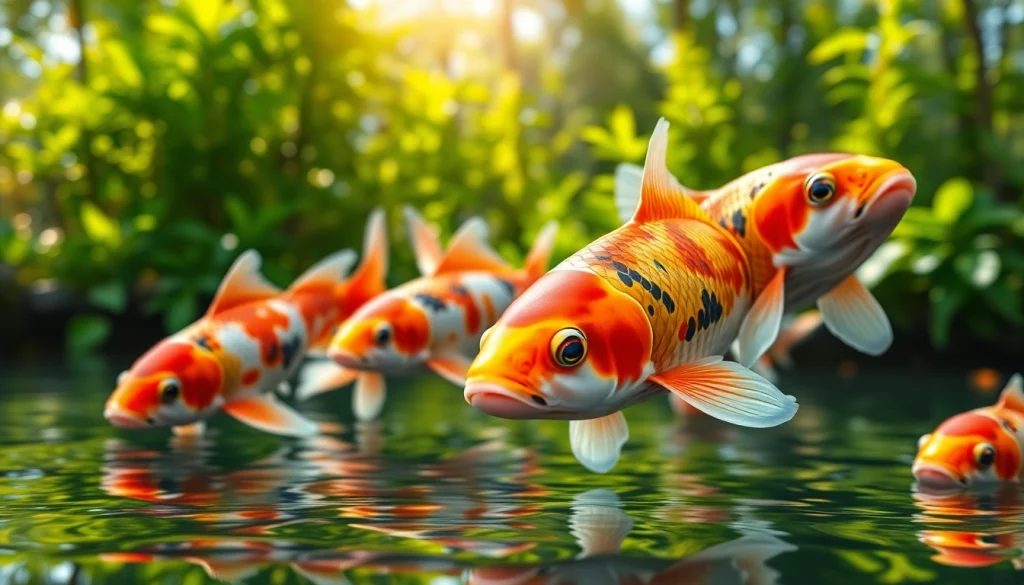 Menggambar koi800 yang hidup di kolam koi yang indah dengan warna cerah.