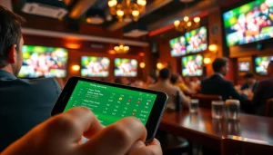 Engaging display of best sports betting apps in India on smartphone in a lively pub with energetic atmosphere.